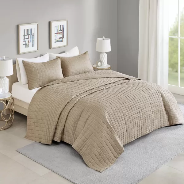 Comfort Spaces Kienna Quilt SetLuxury Double Sided Stitching Design Summer Blanket Lightweight Soft All Season Bedding Layer Matching Sham Blue Coverlet TwinTwin XL66quotx90quot 2 PieceTaupe