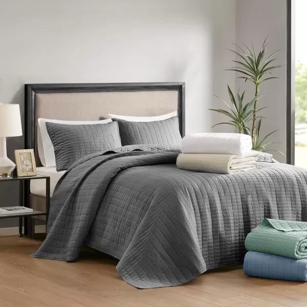 Comfort Spaces Kienna Quilt SetLuxury Double Sided Stitching Design Summer Blanket Lightweight Soft All Season Bedding Layer Matching Sham Blue Coverlet TwinTwin XL66quotx90quot 2 PieceCharcoal Grey