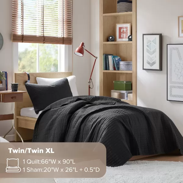 Comfort Spaces Kienna Quilt SetLuxury Double Sided Stitching Design Summer Blanket Lightweight Soft All Season Bedding Layer Matching Sham Blue Coverlet TwinTwin XL66quotx90quot 2 PieceBlack