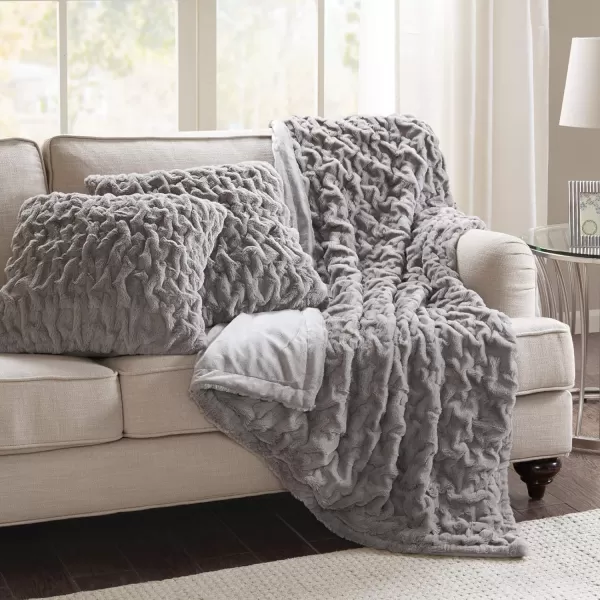 Comfort Spaces Luxurious ampamp Fuzzy Soft Ruched Faux Fur Plush Throw Blanket Set with 2 Matching Square Pillow Covers for SofaChair Couch Living Room Home Office Teal 50quotx 60quotGrey