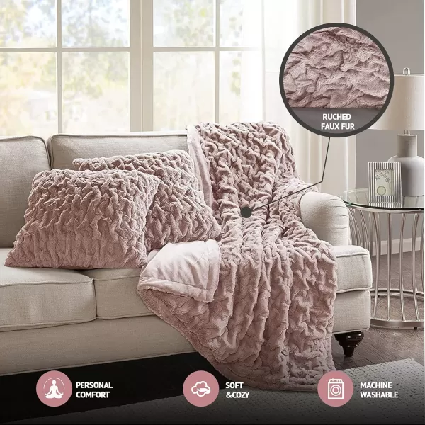 Comfort Spaces Luxurious ampamp Fuzzy Soft Ruched Faux Fur Plush Throw Blanket Set with 2 Matching Square Pillow Covers for SofaChair Couch Living Room Home Office Teal 50quotx 60quotBlush