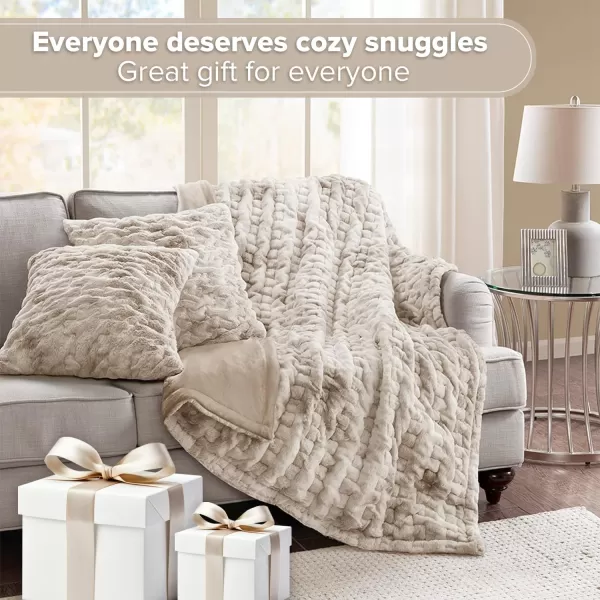 Comfort Spaces Luxurious ampamp Fuzzy Soft Ruched Faux Fur Plush Throw Blanket Set with 2 Matching Square Pillow Covers for SofaChair Couch Living Room Home Office Teal 50quotx 60quotTan Tie Dye