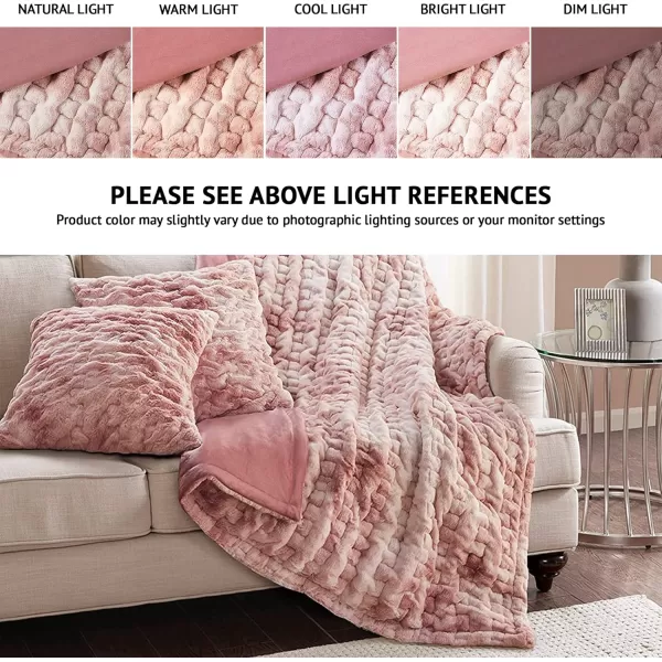 Comfort Spaces Luxurious ampamp Fuzzy Soft Ruched Faux Fur Plush Throw Blanket Set with 2 Matching Square Pillow Covers for SofaChair Couch Living Room Home Office Teal 50quotx 60quotBlush Tie Dye