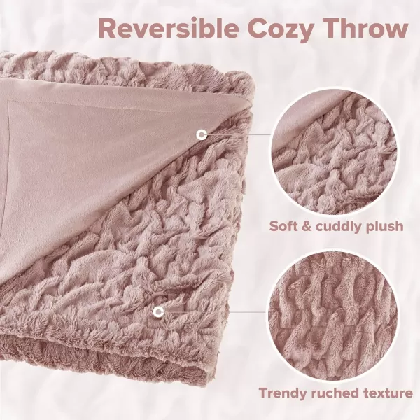 Comfort Spaces Luxurious ampamp Fuzzy Soft Ruched Faux Fur Plush Throw Blanket Set with 2 Matching Square Pillow Covers for SofaChair Couch Living Room Home Office Teal 50quotx 60quotBlush