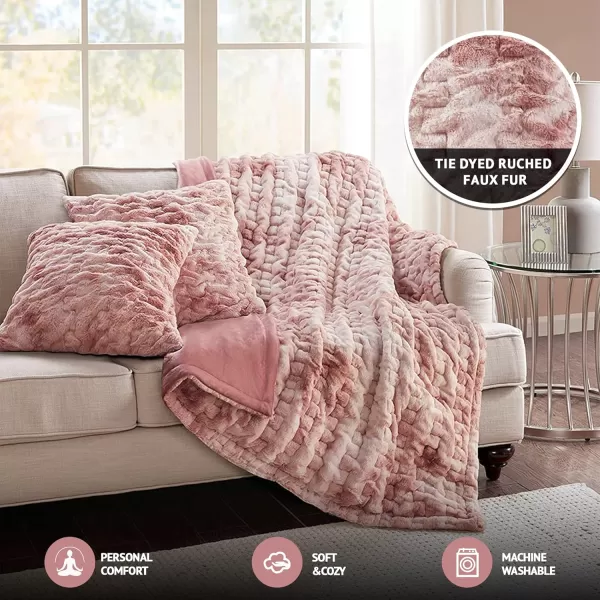Comfort Spaces Luxurious ampamp Fuzzy Soft Ruched Faux Fur Plush Throw Blanket Set with 2 Matching Square Pillow Covers for SofaChair Couch Living Room Home Office Teal 50quotx 60quotBlush Tie Dye