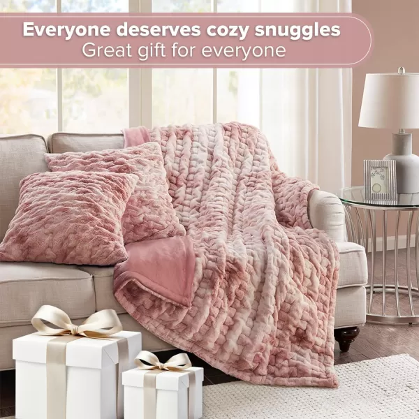Comfort Spaces Luxurious ampamp Fuzzy Soft Ruched Faux Fur Plush Throw Blanket Set with 2 Matching Square Pillow Covers for SofaChair Couch Living Room Home Office Teal 50quotx 60quotBlush Tie Dye