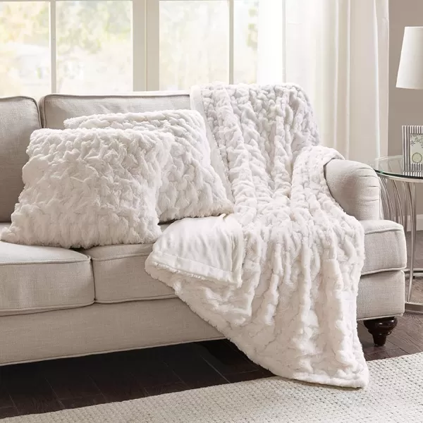 Comfort Spaces Luxurious ampamp Fuzzy Soft Ruched Faux Fur Plush Throw Blanket Set with 2 Matching Square Pillow Covers for SofaChair Couch Living Room Home Office Teal 50quotx 60quotIvory