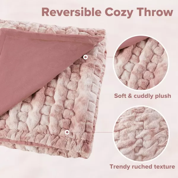 Comfort Spaces Luxurious ampamp Fuzzy Soft Ruched Faux Fur Plush Throw Blanket Set with 2 Matching Square Pillow Covers for SofaChair Couch Living Room Home Office Teal 50quotx 60quotBlush Tie Dye