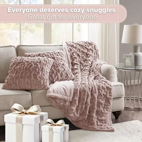 Comfort Spaces Luxurious ampamp Fuzzy Soft Ruched Faux Fur Plush Throw Blanket Set with 2 Matching Square Pillow Covers for SofaChair Couch Living Room Home Office Teal 50quotx 60quotBlush