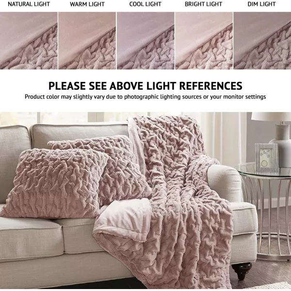 Comfort Spaces Luxurious ampamp Fuzzy Soft Ruched Faux Fur Plush Throw Blanket Set with 2 Matching Square Pillow Covers for SofaChair Couch Living Room Home Office Teal 50quotx 60quotBlush