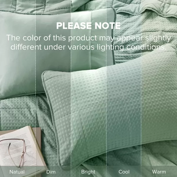 Comfort Spaces Neutral Queen Quilt Set  3 Pieces Breathable Waffle Weave Quilt Sets with Piping Border Modern Farmhouse Cottage Coverlet ampamp Sham All Season Microfiber Queen Bed Set FullQueenGreen