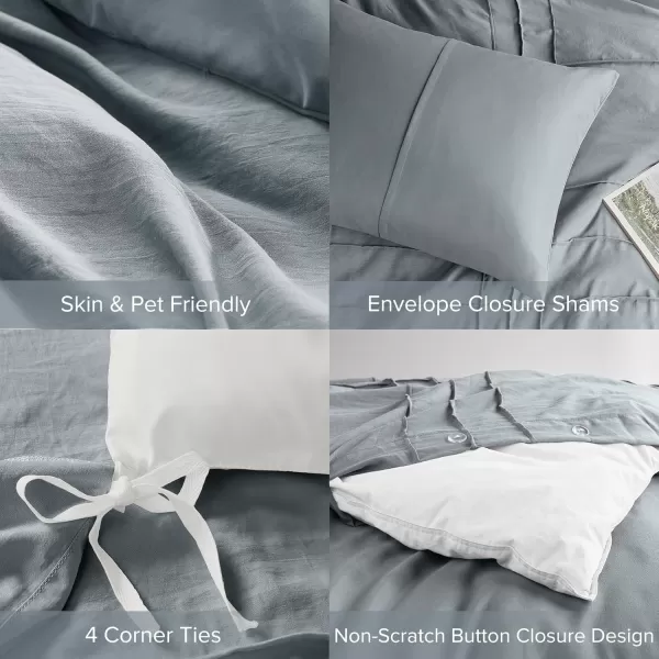 Comfort Spaces Olive Green Queen Size Duvet Cover Set  3pc Pintuck Pleated Duvet Cover Queen All Season Lightweight Extra Softness PreWashed Microfiber Queen Bed Cover Shams QueenBlue Grey No Comforter
