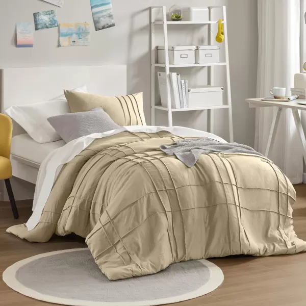 Comfort Spaces Olive Green Queen Size Duvet Cover Set  3pc Pintuck Pleated Duvet Cover Queen All Season Lightweight Extra Softness PreWashed Microfiber Queen Bed Cover Shams QueenKhaki No Comforter