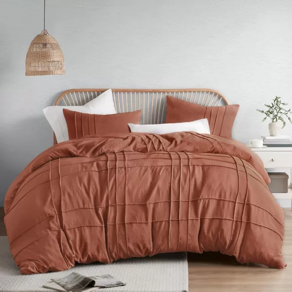 Comfort Spaces Olive Green Queen Size Duvet Cover Set  3pc Pintuck Pleated Duvet Cover Queen All Season Lightweight Extra Softness PreWashed Microfiber Queen Bed Cover Shams QueenClay No Comforter