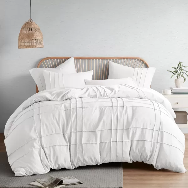 Comfort Spaces Olive Green Queen Size Duvet Cover Set  3pc Pintuck Pleated Duvet Cover Queen All Season Lightweight Extra Softness PreWashed Microfiber Queen Bed Cover Shams QueenWhite No Comforter