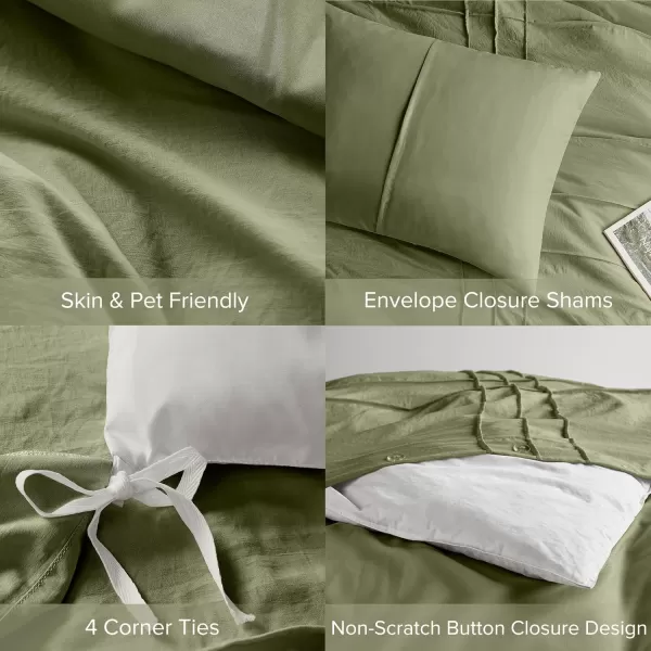 Comfort Spaces Olive Green Queen Size Duvet Cover Set  3pc Pintuck Pleated Duvet Cover Queen All Season Lightweight Extra Softness PreWashed Microfiber Queen Bed Cover Shams QueenOlive Green No Comforter