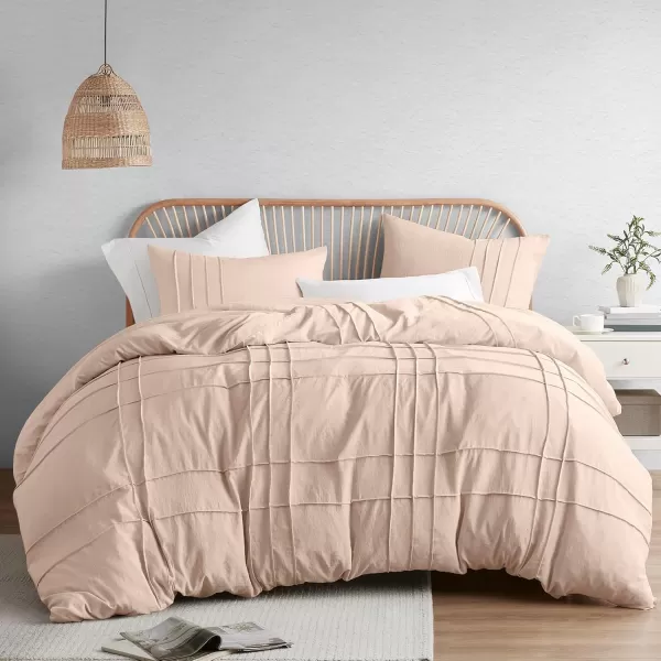 Comfort Spaces Olive Green Queen Size Duvet Cover Set  3pc Pintuck Pleated Duvet Cover Queen All Season Lightweight Extra Softness PreWashed Microfiber Queen Bed Cover Shams QueenBlush No Comforter