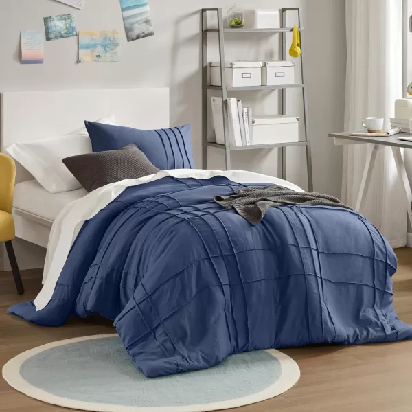 Comfort Spaces Olive Green Queen Size Duvet Cover Set  3pc Pintuck Pleated Duvet Cover Queen All Season Lightweight Extra Softness PreWashed Microfiber Queen Bed Cover Shams QueenNavy No Comforter