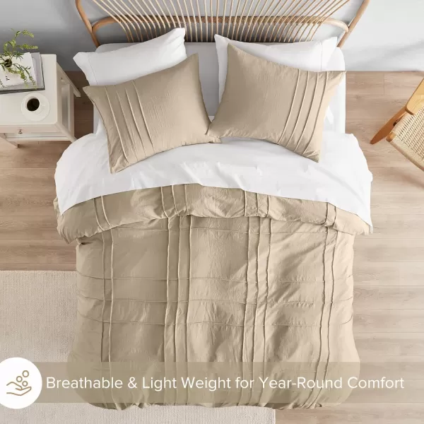 Comfort Spaces Olive Green Queen Size Duvet Cover Set  3pc Pintuck Pleated Duvet Cover Queen All Season Lightweight Extra Softness PreWashed Microfiber Queen Bed Cover Shams QueenKhaki No Comforter
