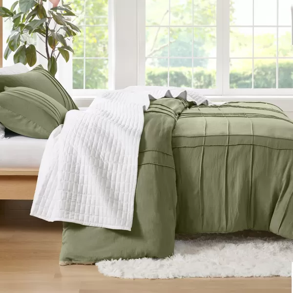 Comfort Spaces Olive Green Queen Size Duvet Cover Set  3pc Pintuck Pleated Duvet Cover Queen All Season Lightweight Extra Softness PreWashed Microfiber Queen Bed Cover Shams QueenOlive Green No Comforter