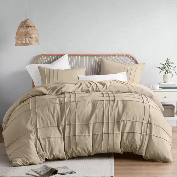 Comfort Spaces Olive Green Queen Size Duvet Cover Set  3pc Pintuck Pleated Duvet Cover Queen All Season Lightweight Extra Softness PreWashed Microfiber Queen Bed Cover Shams QueenKhaki No Comforter