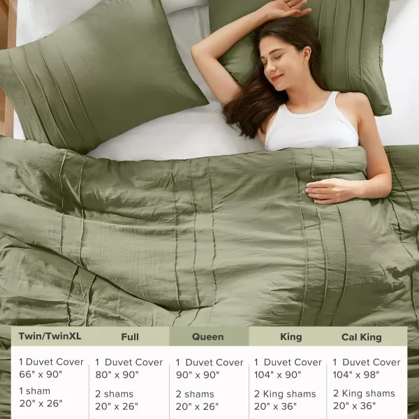 Comfort Spaces Olive Green Queen Size Duvet Cover Set  3pc Pintuck Pleated Duvet Cover Queen All Season Lightweight Extra Softness PreWashed Microfiber Queen Bed Cover Shams QueenOlive Green No Comforter