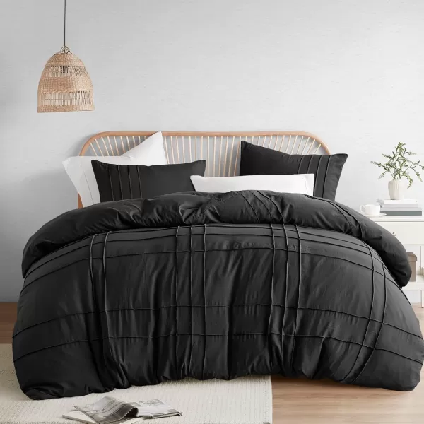 Comfort Spaces Olive Green Queen Size Duvet Cover Set  3pc Pintuck Pleated Duvet Cover Queen All Season Lightweight Extra Softness PreWashed Microfiber Queen Bed Cover Shams QueenBlack No Comforter