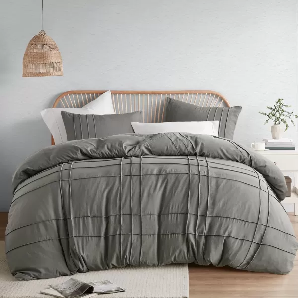 Comfort Spaces Olive Green Queen Size Duvet Cover Set  3pc Pintuck Pleated Duvet Cover Queen All Season Lightweight Extra Softness PreWashed Microfiber Queen Bed Cover Shams QueenGrey No Comforter