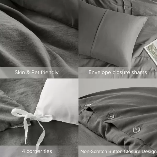 Comfort Spaces Olive Green Queen Size Duvet Cover Set  3pc Pintuck Pleated Duvet Cover Queen All Season Lightweight Extra Softness PreWashed Microfiber Queen Bed Cover Shams QueenGrey No Comforter