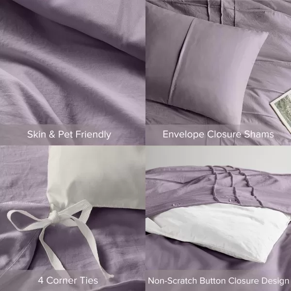Comfort Spaces Olive Green Queen Size Duvet Cover Set  3pc Pintuck Pleated Duvet Cover Queen All Season Lightweight Extra Softness PreWashed Microfiber Queen Bed Cover Shams QueenPurple No Comforter