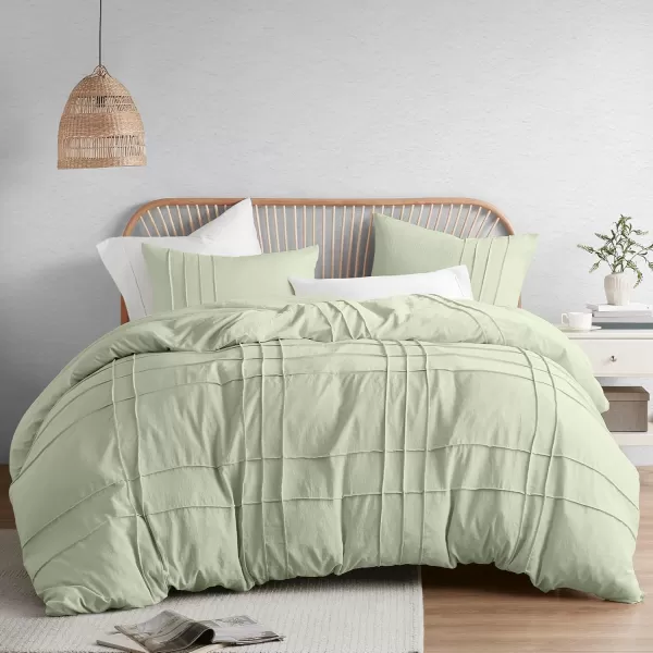 Comfort Spaces Olive Green Queen Size Duvet Cover Set  3pc Pintuck Pleated Duvet Cover Queen All Season Lightweight Extra Softness PreWashed Microfiber Queen Bed Cover Shams QueenSage Green No Comforter