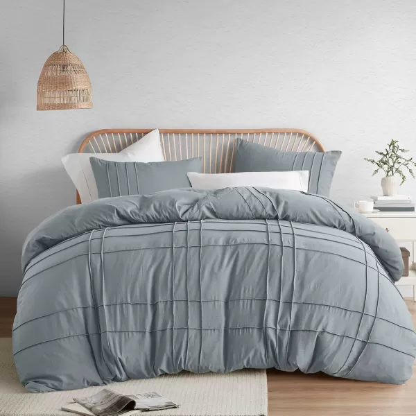Comfort Spaces Olive Green Queen Size Duvet Cover Set  3pc Pintuck Pleated Duvet Cover Queen All Season Lightweight Extra Softness PreWashed Microfiber Queen Bed Cover Shams QueenBlue Grey No Comforter