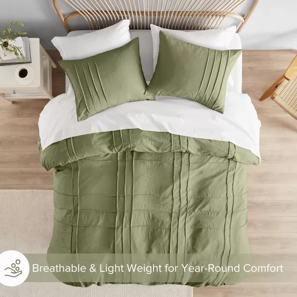 Comfort Spaces Olive Green Queen Size Duvet Cover Set  3pc Pintuck Pleated Duvet Cover Queen All Season Lightweight Extra Softness PreWashed Microfiber Queen Bed Cover Shams QueenOlive Green No Comforter