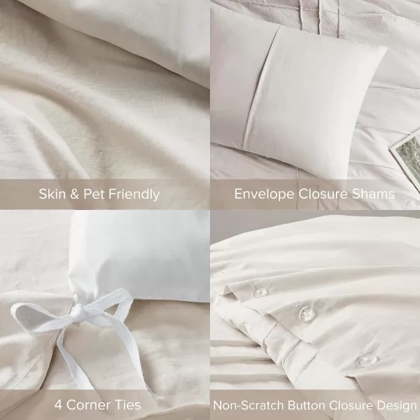 Comfort Spaces Olive Green Queen Size Duvet Cover Set  3pc Pintuck Pleated Duvet Cover Queen All Season Lightweight Extra Softness PreWashed Microfiber Queen Bed Cover Shams QueenCream No Comforter