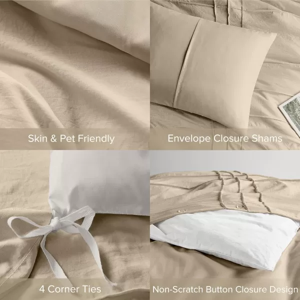 Comfort Spaces Olive Green Queen Size Duvet Cover Set  3pc Pintuck Pleated Duvet Cover Queen All Season Lightweight Extra Softness PreWashed Microfiber Queen Bed Cover Shams QueenKhaki No Comforter