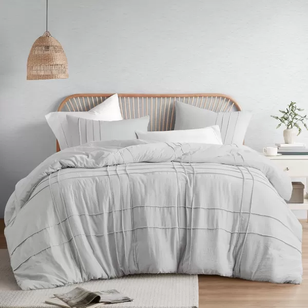 Comfort Spaces Olive Green Queen Size Duvet Cover Set  3pc Pintuck Pleated Duvet Cover Queen All Season Lightweight Extra Softness PreWashed Microfiber Queen Bed Cover Shams QueenSilver No Comforter