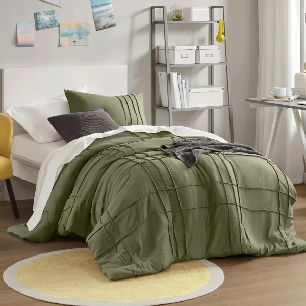 Comfort Spaces Olive Green Queen Size Duvet Cover Set  3pc Pintuck Pleated Duvet Cover Queen All Season Lightweight Extra Softness PreWashed Microfiber Queen Bed Cover Shams QueenOlive Green No Comforter