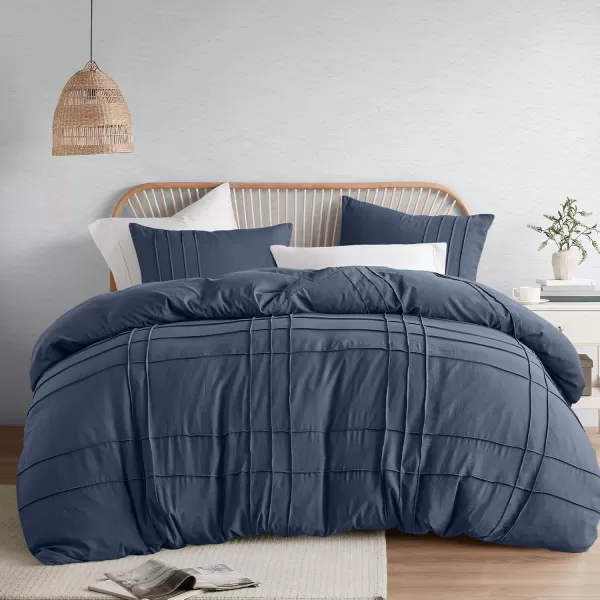 Comfort Spaces Olive Green Queen Size Duvet Cover Set  3pc Pintuck Pleated Duvet Cover Queen All Season Lightweight Extra Softness PreWashed Microfiber Queen Bed Cover Shams QueenNavy No Comforter