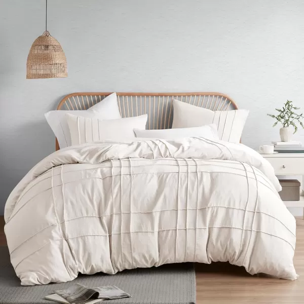 Comfort Spaces Olive Green Queen Size Duvet Cover Set  3pc Pintuck Pleated Duvet Cover Queen All Season Lightweight Extra Softness PreWashed Microfiber Queen Bed Cover Shams QueenCream No Comforter