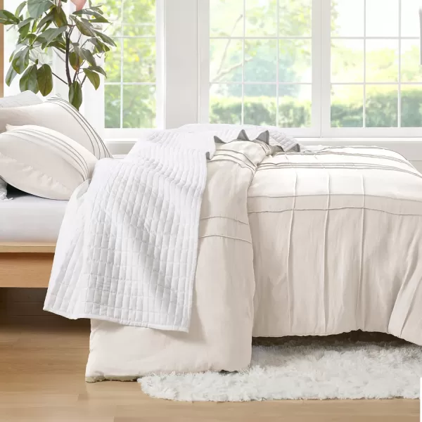 Comfort Spaces Olive Green Queen Size Duvet Cover Set  3pc Pintuck Pleated Duvet Cover Queen All Season Lightweight Extra Softness PreWashed Microfiber Queen Bed Cover Shams QueenCream No Comforter