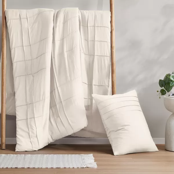 Comfort Spaces Olive Green Queen Size Duvet Cover Set  3pc Pintuck Pleated Duvet Cover Queen All Season Lightweight Extra Softness PreWashed Microfiber Queen Bed Cover Shams QueenCream No Comforter