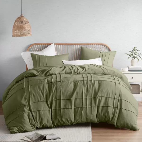 Comfort Spaces Olive Green Queen Size Duvet Cover Set  3pc Pintuck Pleated Duvet Cover Queen All Season Lightweight Extra Softness PreWashed Microfiber Queen Bed Cover Shams QueenOlive Green No Comforter