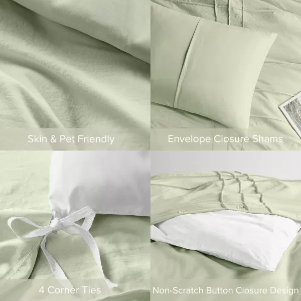 Comfort Spaces Olive Green Queen Size Duvet Cover Set  3pc Pintuck Pleated Duvet Cover Queen All Season Lightweight Extra Softness PreWashed Microfiber Queen Bed Cover Shams QueenSage Green No Comforter