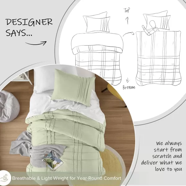 Comfort Spaces Olive Green Queen Size Duvet Cover Set  3pc Pintuck Pleated Duvet Cover Queen All Season Lightweight Extra Softness PreWashed Microfiber Queen Bed Cover Shams QueenSage Green No Comforter