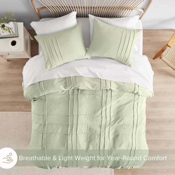 Comfort Spaces Olive Green Queen Size Duvet Cover Set  3pc Pintuck Pleated Duvet Cover Queen All Season Lightweight Extra Softness PreWashed Microfiber Queen Bed Cover Shams QueenSage Green No Comforter