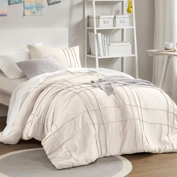 Comfort Spaces Olive Green Queen Size Duvet Cover Set  3pc Pintuck Pleated Duvet Cover Queen All Season Lightweight Extra Softness PreWashed Microfiber Queen Bed Cover Shams QueenCream No Comforter