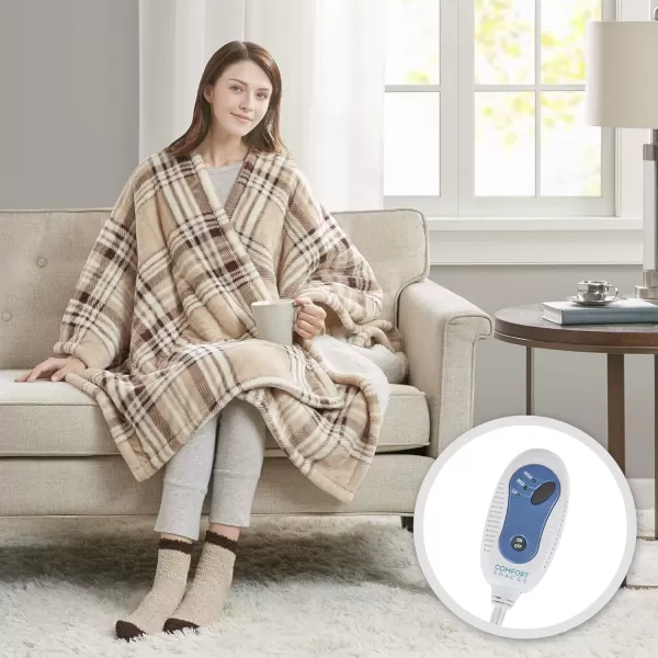 Comfort Spaces Plush to Sherpa Electric Blanket Shawl Shoulder Neck Wrap with Matching Sock Set Giftable Ultra Soft Warm Snuggle FleeceReversible Heated Poncho Throw 50quot W x 64quot L Ogee AquaTan Plaid