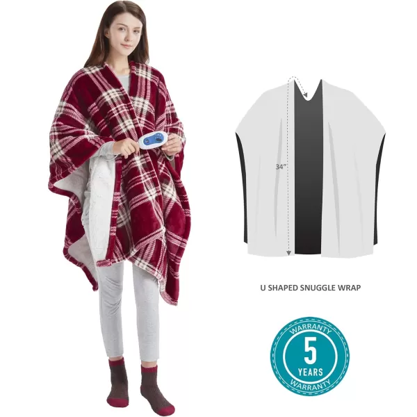Comfort Spaces Plush to Sherpa Electric Blanket Shawl Shoulder Neck Wrap with Matching Sock Set Giftable Ultra Soft Warm Snuggle FleeceReversible Heated Poncho Throw 50quot W x 64quot L Ogee AquaRed Plaid