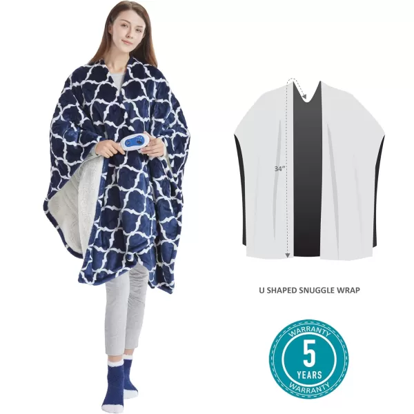 Comfort Spaces Plush to Sherpa Electric Blanket Shawl Shoulder Neck Wrap with Matching Sock Set Giftable Ultra Soft Warm Snuggle FleeceReversible Heated Poncho Throw 50quot W x 64quot L Ogee AquaOgee Navy