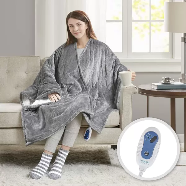 Comfort Spaces Plush to Sherpa Electric Blanket Shawl Shoulder Neck Wrap with Matching Sock Set Giftable Ultra Soft Warm Snuggle FleeceReversible Heated Poncho Throw 50quot W x 64quot L Ogee AquaGrey